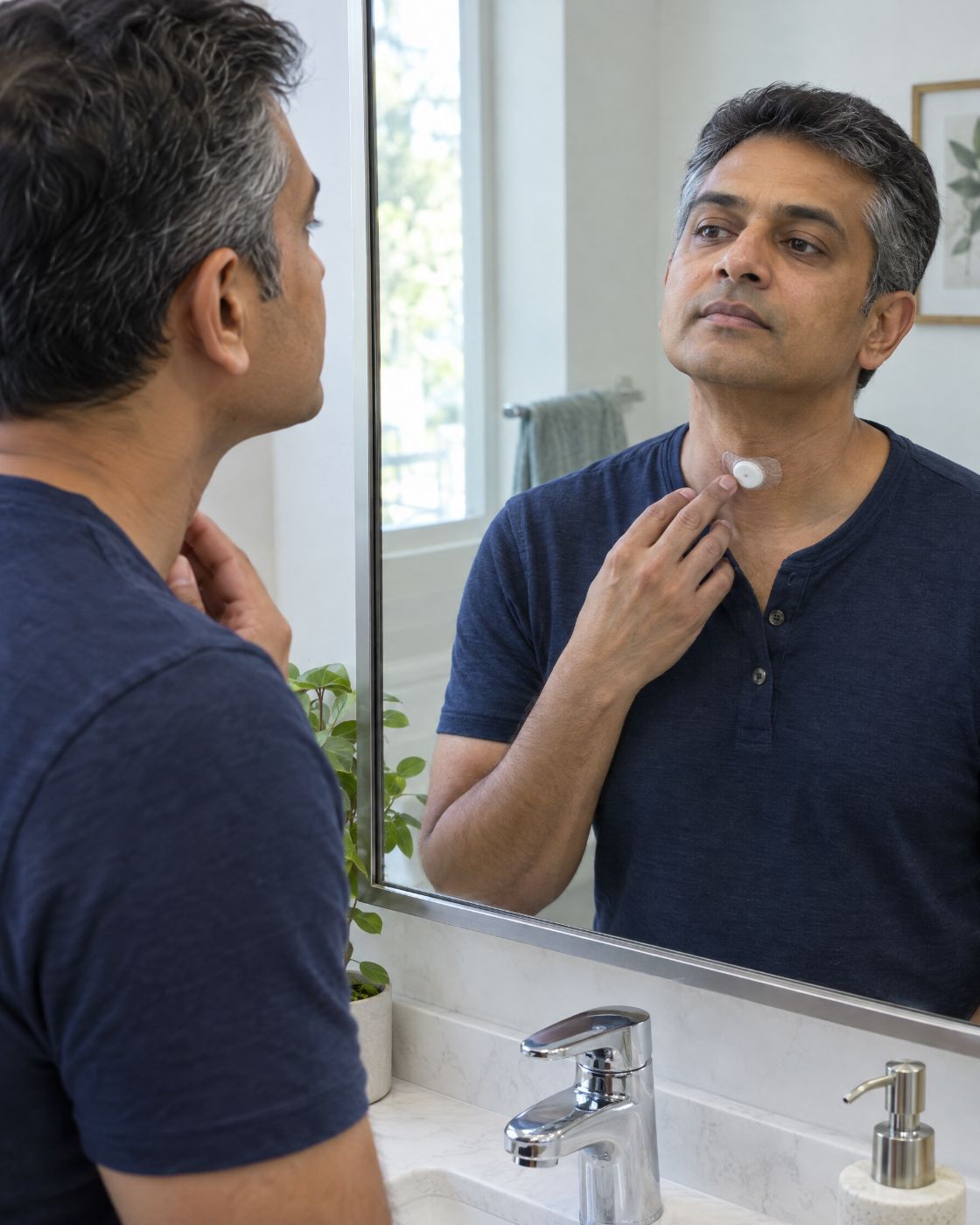 A man in his forties checks the HME at the base of his neck in a bathroom mirror.