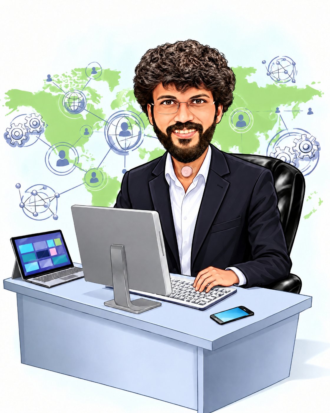 An illustrated caricature of Uppal smiling at his desk in a dark suit, with an HME visible at the base of his neck.
